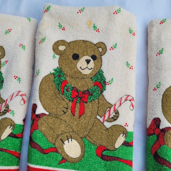 Cannon Dish Towels Vintage Christmas Wreath Bears Candy Canes USA Set 4 Kitchen - Picture 3 of 10
